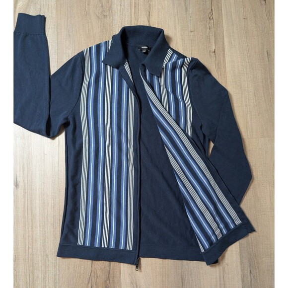Express Size S Full Zip Cardigan Sweater Blue Striped Polo Collar Mod Retro EUC - Picture 8 of 11